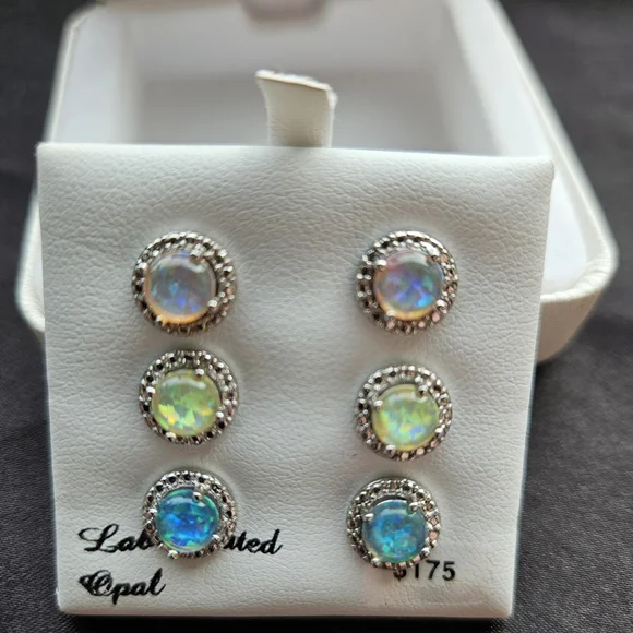 Opal Silver Stud Earrings Set - Picture 2 of 7